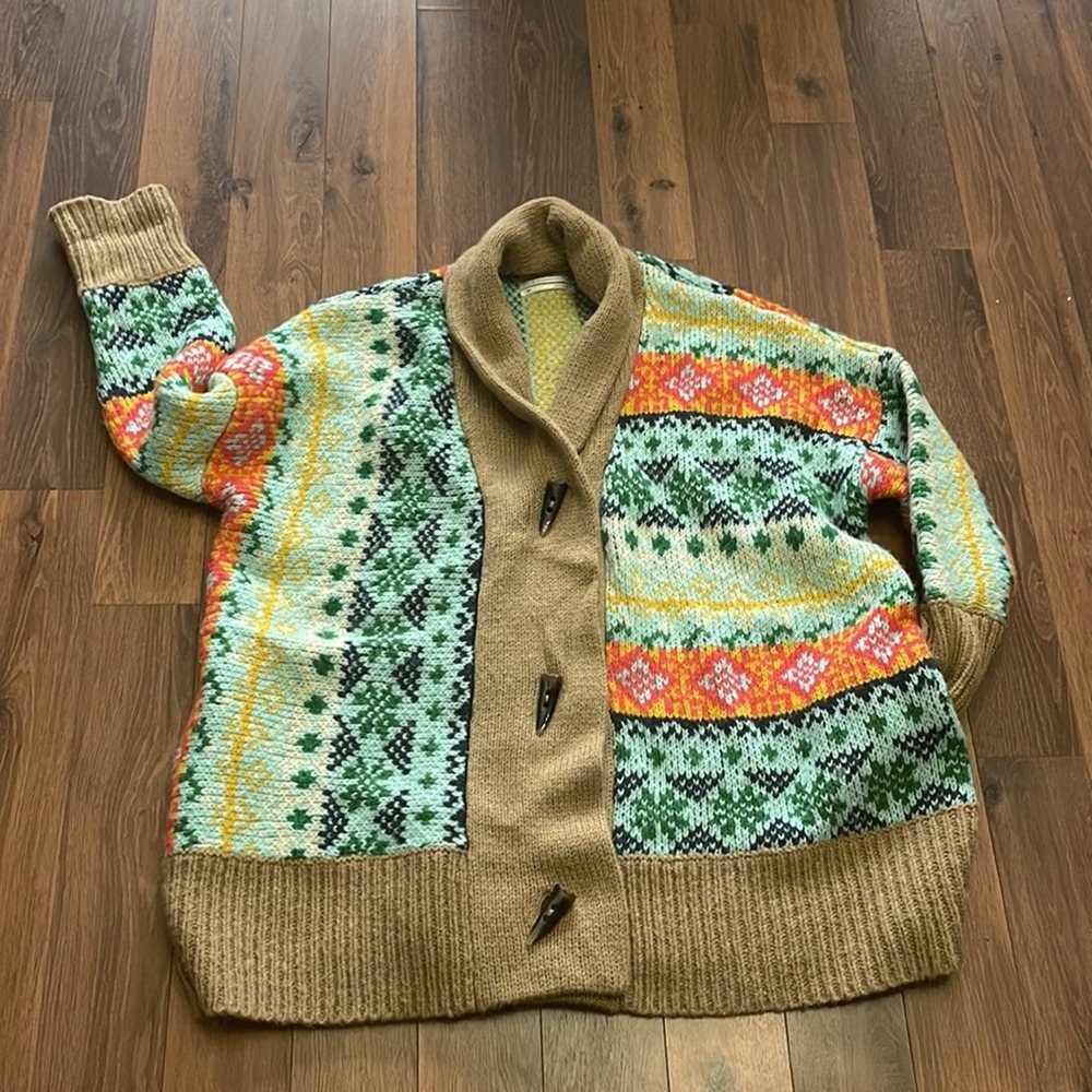 Anthropologie Carlotta Shawl Oversized Cardigan Fair Isle Sweater Sz M/L - Picture 2 of 8